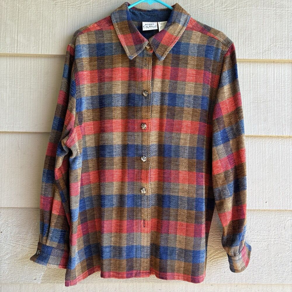Vintage Koret City Blues Red Blue Brown Plaid Shacket Unisex Button Up Shirt XL